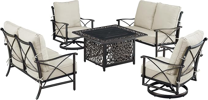 Oakland Living Black Aluminum Patio Fire Table Set with Two Deep Seating Loveseat with Cushions and Two Club Chairs