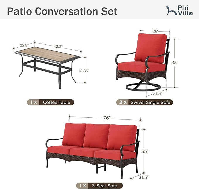 PHI VILLA Outdoor Modern Patio Furniture Set, Upgraded Wicker&Metal Patio Furniture Conversation Set with Waterproof Thick Cushions for Porch, Poolside, Deck, and Yard (4 Pieces,Red)