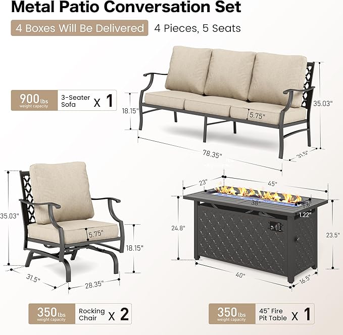 SUNSHINE VALLEY Patio Furniture Set with Firepit Table, 4 Piece Metal Outdoor Patio Furniture, 2 Rocking Chairs and 3 Seater Sofa with 5.75" Extra Thick Cushion and Gas Firepit Table for Backyard Deck