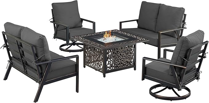 Oakland Living Black Aluminum Patio Fire Table Set with Two Deep Seating Loveseat with Cushions and Two Club Chairs with Black Cushions