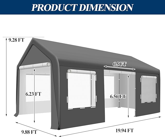 COVERONICS 10x20 FT Heavy Duty Carport Tent - Portable Outdoor Car Canopy with Roll-up Side Doors & Windows, Portable Garage with 4 Sandbags for Car, Truck and Outdoor Event, Grey