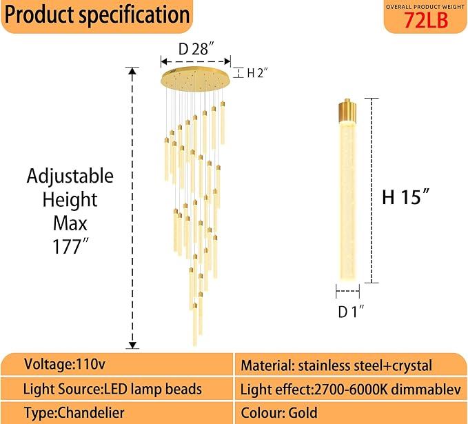 177‘’ Long Bubble Crystal Chandelier Extra Large Gold 30-Lights High Ceiling Chandelier Dimmable Pendant Lighting Staircase Foyer Entryway Light Source is Replaceable