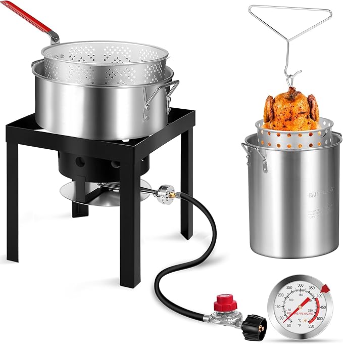 30QT Turkey Fryer & 10QT Fish Fryer Kit, Turkey Fryer Pot with Baskets and 50,000 BTU Propane Burner Stove for Party/Courtyard/Outdoor