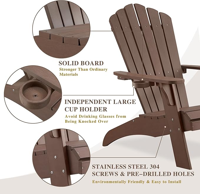 Psilvam Adirondack Chair, Oversized Poly Lumber Fire Pit Chair with Cup Holder, 350Lbs Support Patio Chairs for Garden, Weather Resistant Adirondack Chair Looks Like Real Wood (2, Brown)