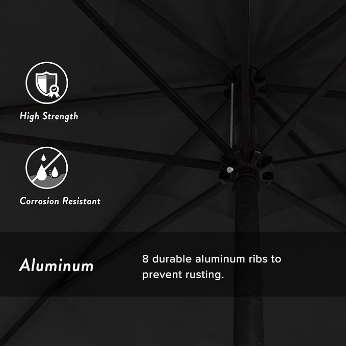 California Umbrella 9' Rd Aluminum Patio Umbrella, Crank Lift, Auto Tilt, Black Finish, Sunbrella Black