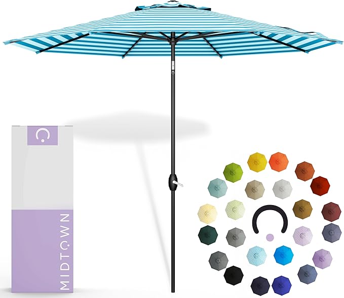 Midtown Umbrellas The Lean 9 Feet Outdoor Umbrella With Terylast Cobalt Stripes (Blue/White Stripes) Polyester Fabric - Auto-Tilt Aluminum Frame Patio Umbrella For Deck, Garden, Pool - Black Pole