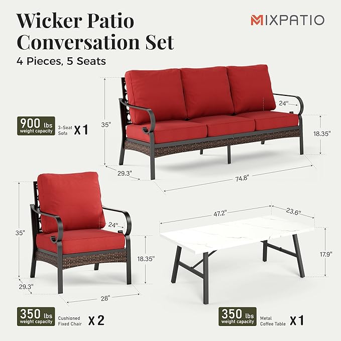 Patio Furniture Set with Coffee Table, Outdoor Conversation Set with 2 x Fixed Chairs, 1 x 3-Seat Sofa for Lawn Garden Backyard, Red