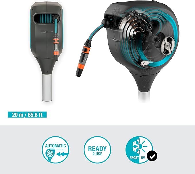 GARDENA 18614 | 66' x 1/2" Automatic Retractable Garden Hose Reel on Metal Spike, Outside Garden Hose with 360° swivel. No Holes in your house, Easy Installation, No Tools Required