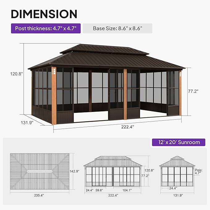 PURPLE LEAF 12' X 20' Outdoor Sunroom Hardtop Gazebo with Enclosed Solarium Galvanized Metal Roofs Patio Wood Grain Aluminum Frame with Screens and Doors for Hot Tub Garden House Bronze
