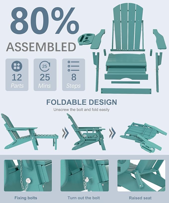 Adjustable Adirondack Chair with Retractable Ottoman Set of 6, HDPE Folding Adirondack Chair with Cup Holder, All Weather Fire Pit Chair for Outdoor.