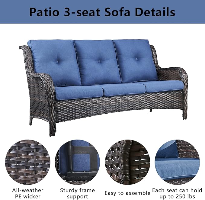 Belord Wicker Patio Furniture Sets - 8 Piece Outdoor Rattan Furniture Conversation Sets with 4 Swivel Rocker Chairs, Rattan Sofa, Wicker Ottomans and Coffee Table, Brown/Blue