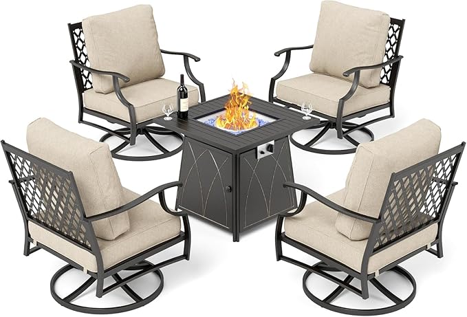 SUNSHINE VALLEY Patio Furniture Set with Firepit Table, 5 Piece Metal Outdoor Patio Furniture set for 4, 4 Swivel Chairs with 5.75" Extra Thick Cushion and Gas Firepit Table for Backyard Poolside Deck