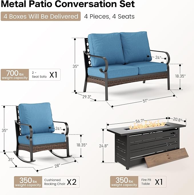 SUNSHINE VALLEY 4 Piece Metal Outdoor Patio Furniture Sets with Firepit Table, Patio Conversation Sets 1 2-Seater Sofa, 2 Rocking Sofa with 5.75" Cushion Black Backyard Furniture for Deck, Denim Blue