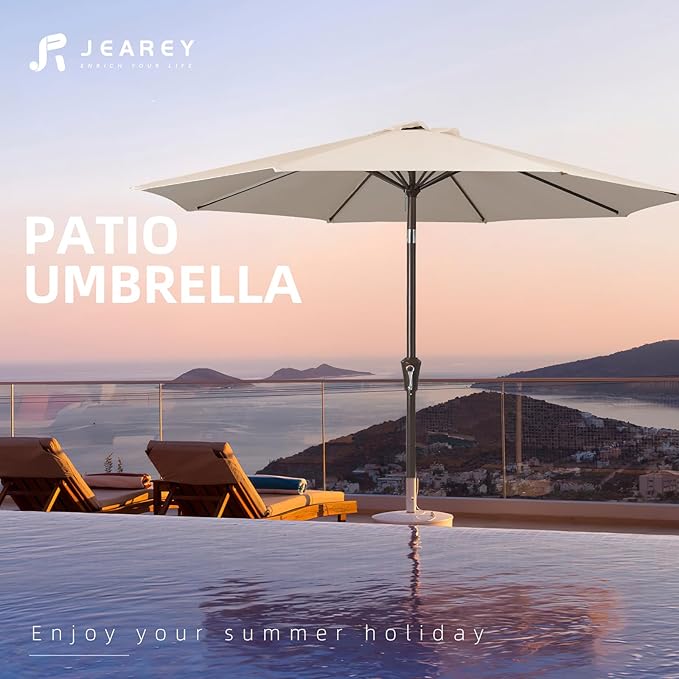 JEAREY 9FT Outdoor Patio Umbrella Outdoor Table Umbrella with Push Button Tilt and Crank, Market Umbrella 8 Sturdy Ribs UV Protection Waterproof for Garden, Deck, Backyard, Pool (Cream Beige)