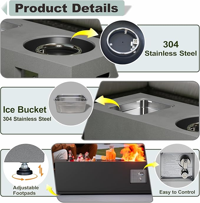 Dineli 2-Piece Outdoor Propane Fire Pit Table Set w Tank Table 48'' Rectangular Firepit w Ice Bucket Gas Fire Pits for Outside Patio Tabletop Fire Pits, 50,000 BTU, Gray