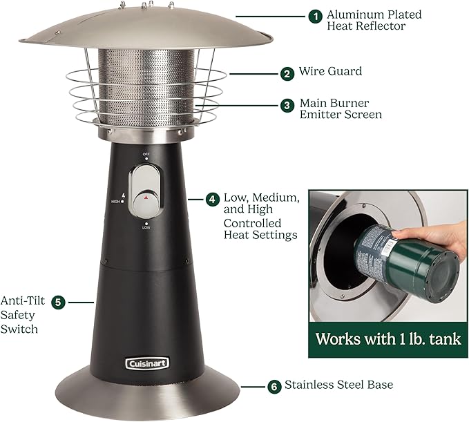 Cuisinart Portable Tabletop Patio Heater, 11,000 BTU Outdoor Propane Heater with Safety Tilt Switch and Adjustable Heat, Burner Screen Guard, 30 sq. Foot Heat Range, Black