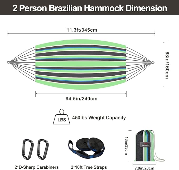 CHULIM Brazilian Double Hammock with Tree Straps,Extra Large 94x63IN,2 Persons Hammock for Backyard Patio Outdoor and Indoor,450lbs Weight Capacity,Soft Woven Cotton Fabric - Black Stripe