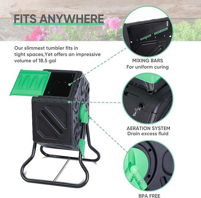 BBBuy Compost Bin Tumbling Composter Rotating w/Sliding Doors Compost Bin, Single Chamber Heavy Duty Outdoor Gardening Composting Tumblers Garden Yard (18.5 Gallon, Black)