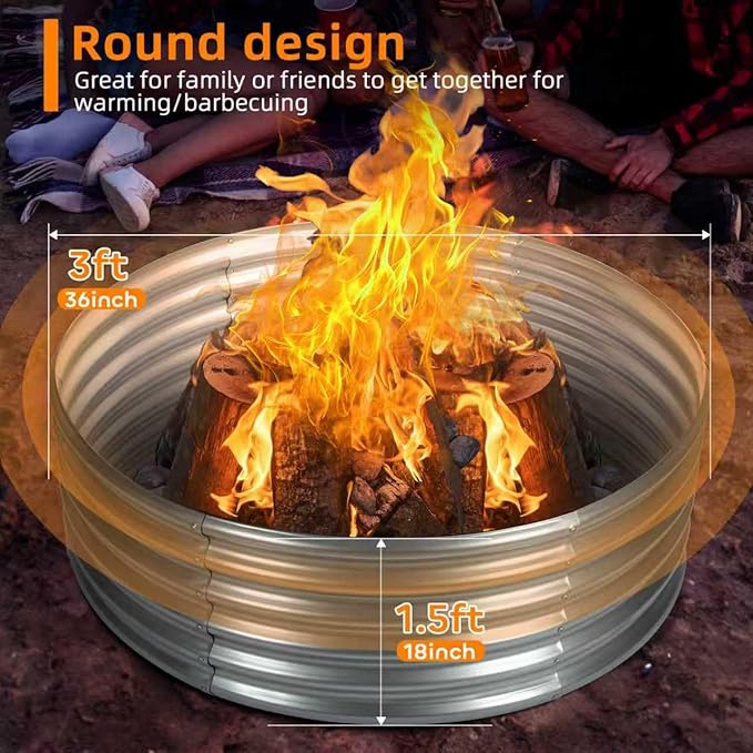 36 inch Fire Pit Ring, Galvanized Fire Ring 1.5ft high, Wood Burning Fire Pits Ring, Outdoor Fireplace Height 24 Inch, Round Camp Fire Ring, Bonfire Pit for Camping, Backyard (3x3x1.5FT)