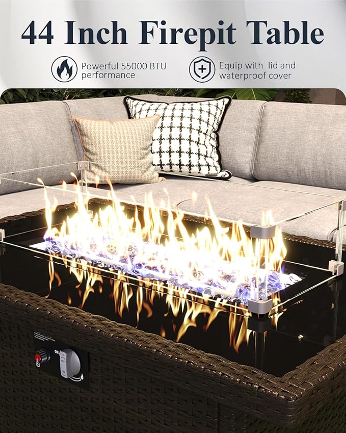 LayinSun 7-Piece Outdoor Modular Wicker Sectional Sofa with Fire Pit Table, Patio Furniture Conversation Set with Deep Seating and Thick Cushions