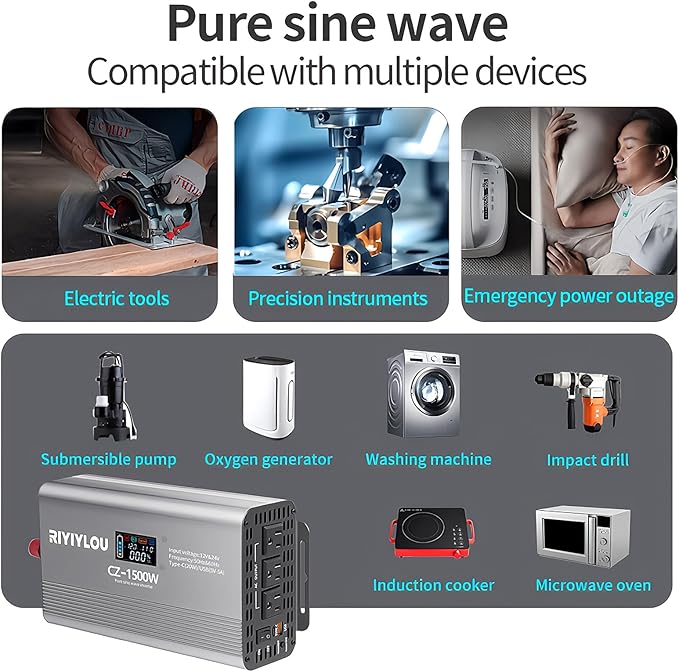 1500W Pure Sine Wave Inverter (3000W Peak), 12V/24V Auto-Detect, 50Hz/60Hz Switchable, LCD Display, Type-C Fast Charging, Silent Design, Overload & Overheat Protection for RV, Home (1500W)