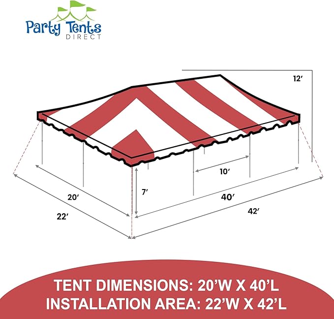 Party Tents Direct 20'x40' Weekender West Coast Tent Frame Party Tent (Red/White) PVC Top with Storage Bag - Tents for Parties, Weddings, Birthdays, Banquets, Fiestas, Workshop, Outdoor Event