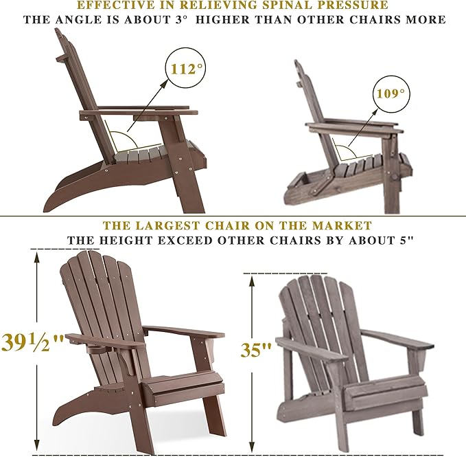 Psilvam Adirondack Chair, Oversized Poly Lumber Fire Pit Chair with Cup Holder, 350Lbs Support Patio Chairs for Garden, Weather Resistant Adirondack Chair Looks Like Real Wood (2, Brown)