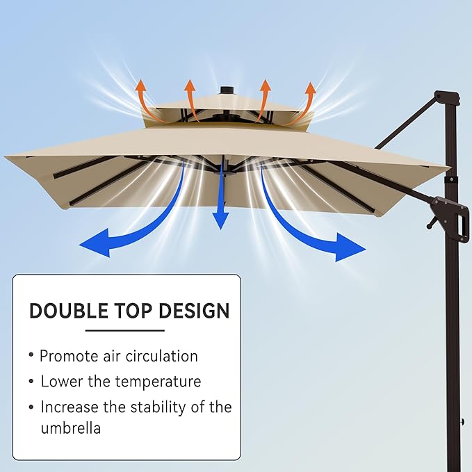 9' X 12' Cantilever Patio Umbrella with Base Included Double Top Rectangular Outdoor Large Offset Umbrellas with 7 Tilts Adjustable 360°Rotation for Deck Pool Garden Backyard, Beige