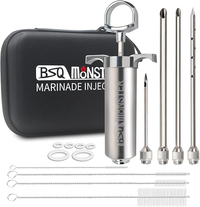 BSQ MONSTER Meat Injector Syringe Kit with 4 Professional Marinade Injector Needles and Travel Case for BBQ Grill Smoker, Turkey, Brisket; 2-oz Capacity; Paper User Manual and E-Book (PDF)