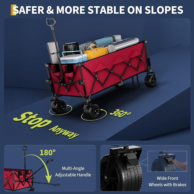 52" Foldable Wagon for Beach with 460LBS Weight Capacity, Heavy Duty 350L Extra Large Collapsible Foldable Wagon for Camping, All Terrain Beach Wagons Extended with Cup Holders for Sand