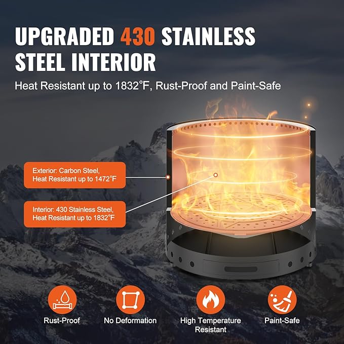 VEVOR 15 inch Smokeless Fire Pit Stove Bonfire, Wood Burning Fireplaces with Removable Ash Pan, SUS430 Stainless Steel Inner Portable Outdoor Firepit, Ideal for Outdoor Patio Camping High 12.6 inch