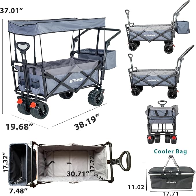 SKYMANOR Collapsible Wagon Folding Garden Cart with Removable Canopy Utility Heavy Duty Wagon Cart with All-Terrain Wheel Storage Brake for Camping Shopping (Upgraded Canopy-Gray Splicing)