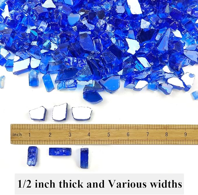 Fire Glass for Propane Fire Pit, 1/2 Inch High Reflective Fireplace Glass Rocks for Fire Pit Table, 20 lbs Fire Pit Glass Rocks for Outdoor Fire Table and Landscaping, Cobalt Blue