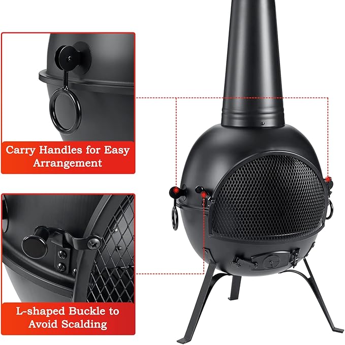 SINGLYFIRE Prairie Fire Outdoor Chiminea Fireplace Deck or Patio Backyard Wooden Fire Pit with Chiminea Cover Rust-Free Iron Black