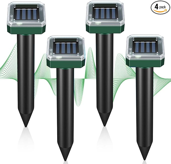 Mole Repellent Solar Powered, Ultrasonic Repeller, Waterproof Sonic Spikes Gopher Vole Groundhog Snake Chipmunk Mole Deterrent Get Rid of Moles in Your Yard (4pack)
