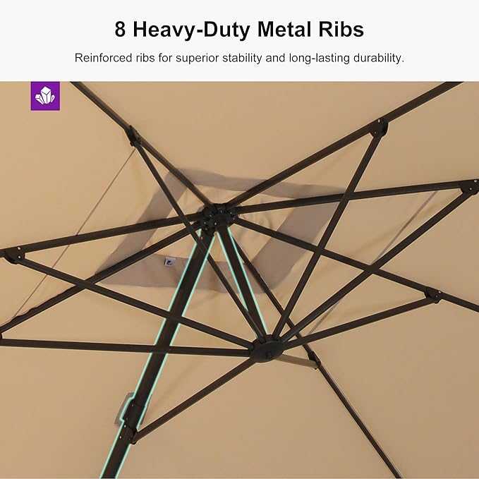 PURPLE LEAF 9' × 11.5' Outdoor Cantilever Umbrella with Base Patio Rectangle Adjustable Offset Umbrellas with 360-degree Rotation and 8 Heavy Duty Metal Ribs for Garden Deck Pool Beige