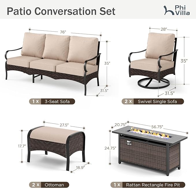 Patio Furniture Set with 56" Fire Pit Table, Premium Outdoor Wicker Metal Frame Furniture with Upgraded Waterproof Thick Cushions for Porch, Poolside, Deck, and Yard （8 Pieces,Beige）