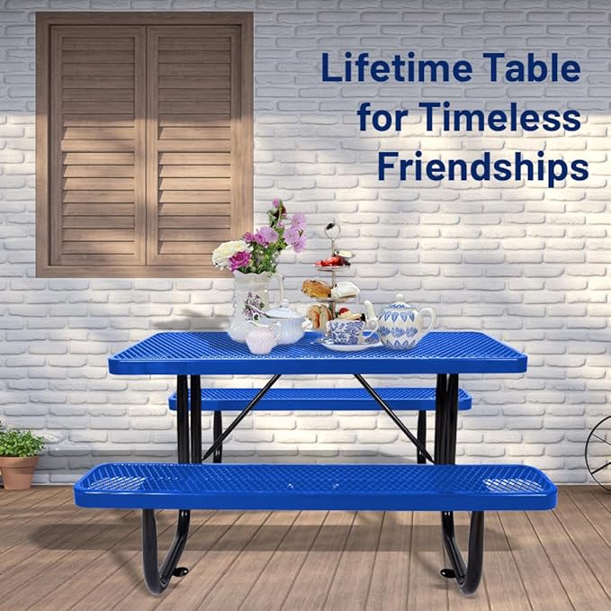 Rueekfil 72" Thermoplastic Picnic Table with Umbrella Hole up to 1.5", Heavy Duty Commercial Picnic Table for Outdoor, Family & Party Ready for School Camping, Rectangular, Blue