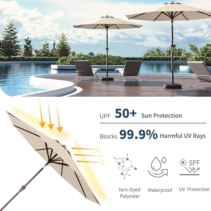 9FT Solar Umbrella 32 LED Lighted Patio Umbrella Table Market Umbrella w/Tilt and Crank, UV-Resistant Outdoor Umbrella for Pool, Garden, Deck, Beige