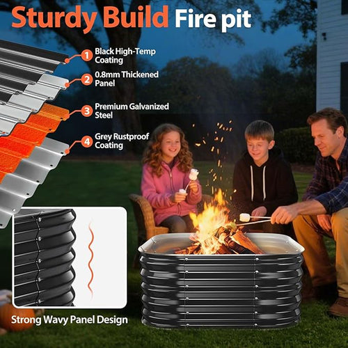 16.5''Tall Fire Pit Ring for Outside - 27IN Heavy Duty Square Wood Burning Firepit &Outdoor Fireplaces,High Heat Resistant,Galvanized Steel Metal Bonfire Pits Portable for Camping,Backyard,Beach,Patio