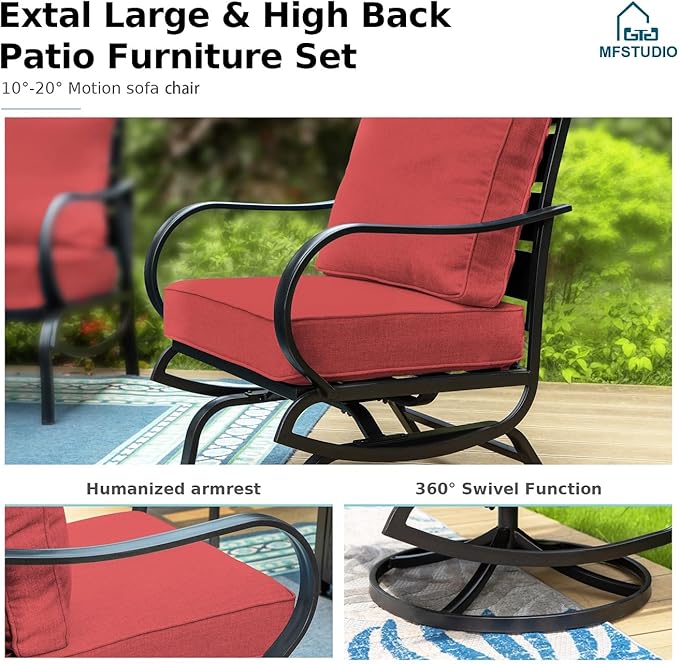 MFSTUDIO 6 Pieces Metal Patio Furniture Sets, 2 Swivel Chair, 1 Deep Seating 3-Seat Sofa, 2 Ottoman & 1 Marbling Coffee Table, All Weather 7 Seats Outdoor Conversation Set for Garden, Burgundy Red
