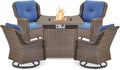 Outdoor Patio Swivel Gliders with Fire Pit Table 5 Piece Set - High Back Brown Wicker Rattan Rocking Chair with Thick Cushion for Porch Apartment Deck Yard Poolside Garden - Navy Blue