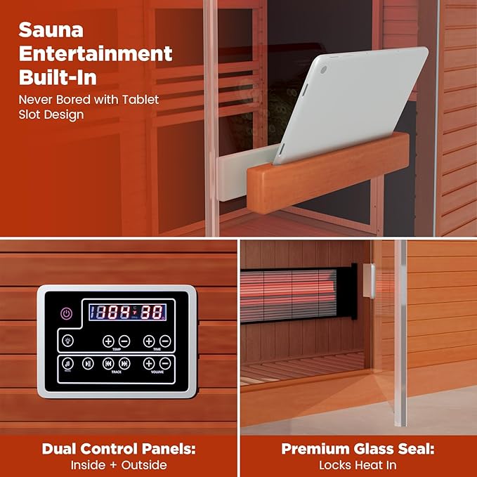 2-Person FAR Infrared Sauna for Home & Gym, 7-Color Chromotherapy Lights & 2 Speakers, 1990W Canadian Hemlock Wood Indoor Dry Spa