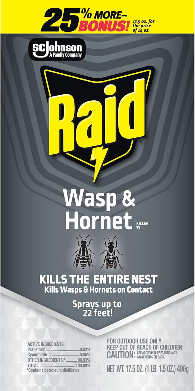 Raid Wasp & Hornet Killer Spray, Bug Killer Kills the Entire Nest, Kills Paper Wasps, Yellow Jackets, Mud Daubers and more, 17.5oz