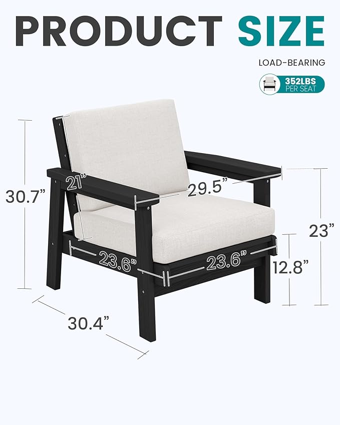 SERWALL Patio Furniture Set with 33” Fire Pit Table, HDPE Outdoor Sectional Sofa Set with Thickened Cushions, Black Frame with Khaki Cushions