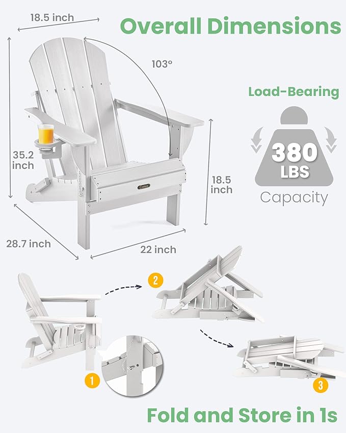Ciokea Folding Adirondack Chair 2 Pack, Patio Adirondack Chair Weather Resistant, Plastic Fire Pit Chair with Cup Holder, Lawn Chair for Outdoor Porch Garden Backyard Deck (White)