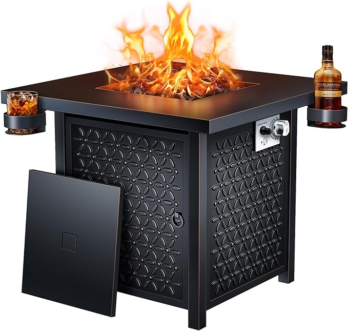 Ciays Propane Fire Pit, 28 inch Fire Pit Table with Two Cup Holders, 50,000 BTU Steel Gas Fire Pit with Pulse Ignition System, Perfect for Patio, Garden & Backyard Gatherings, CIFPT11B, Black