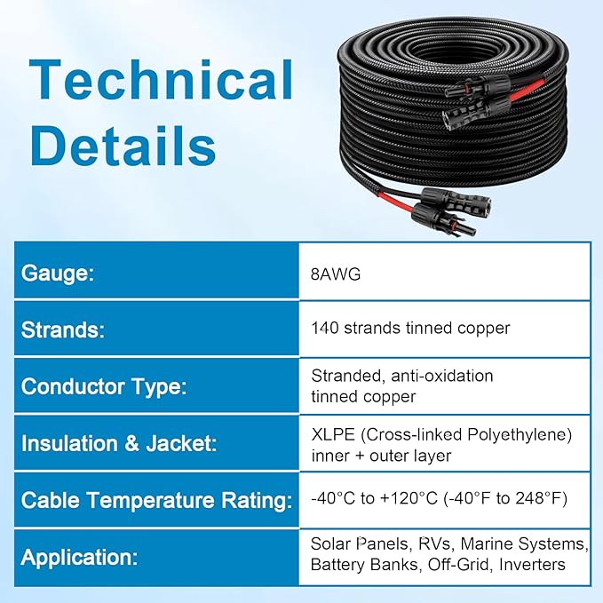 XRDS -RF Solar Cable 6FT, 8AWG Solar Extension Cable with Male & Female Solar Connectors, Flame-Retardant Protective Sleeving Solar Panel Cable, Weatherproof PV Wire for Solar Panel Connection