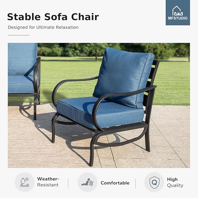 MFSTUDIO 5 Pieces Patio Conversation Sets, 7 Seats Metal Patio Furniture Sets with 1 x 3-Seat Sofa, 2 x Sofa Chairs, 2 x Ottoman, All Weather Patio Sets with 5.75inch Peacock Blue Cushion for Garden