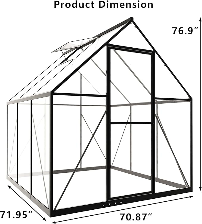 HOOYEAH 6 x 6 FT Polycarbonate Greenhouse for Outdoors, Heavy Duty Walk-in Greenhouses with Roof Air Vent, Aluminum Outdoor Green House Kit, Winter Garden House for Outside Backyard